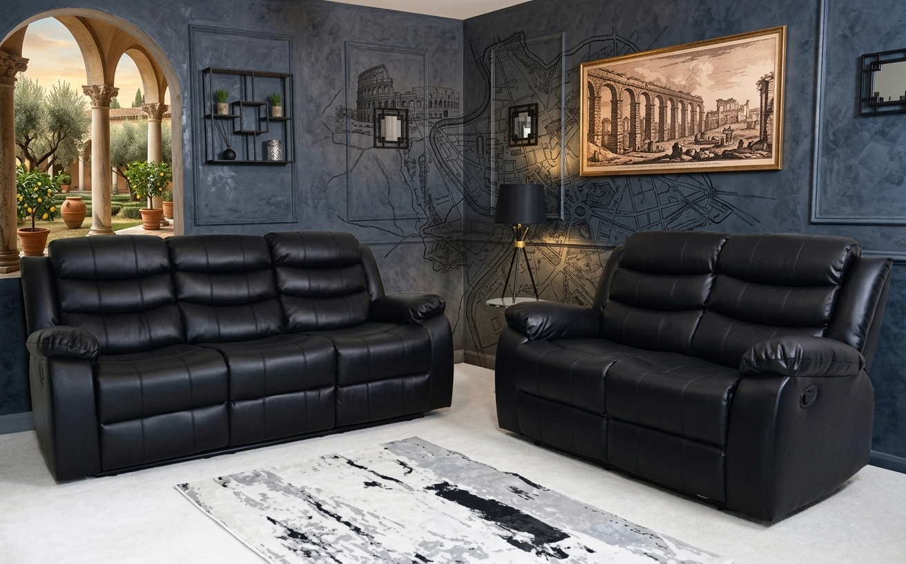 Roma Manual Air Leather & Grey Fabric Recliner Sofa