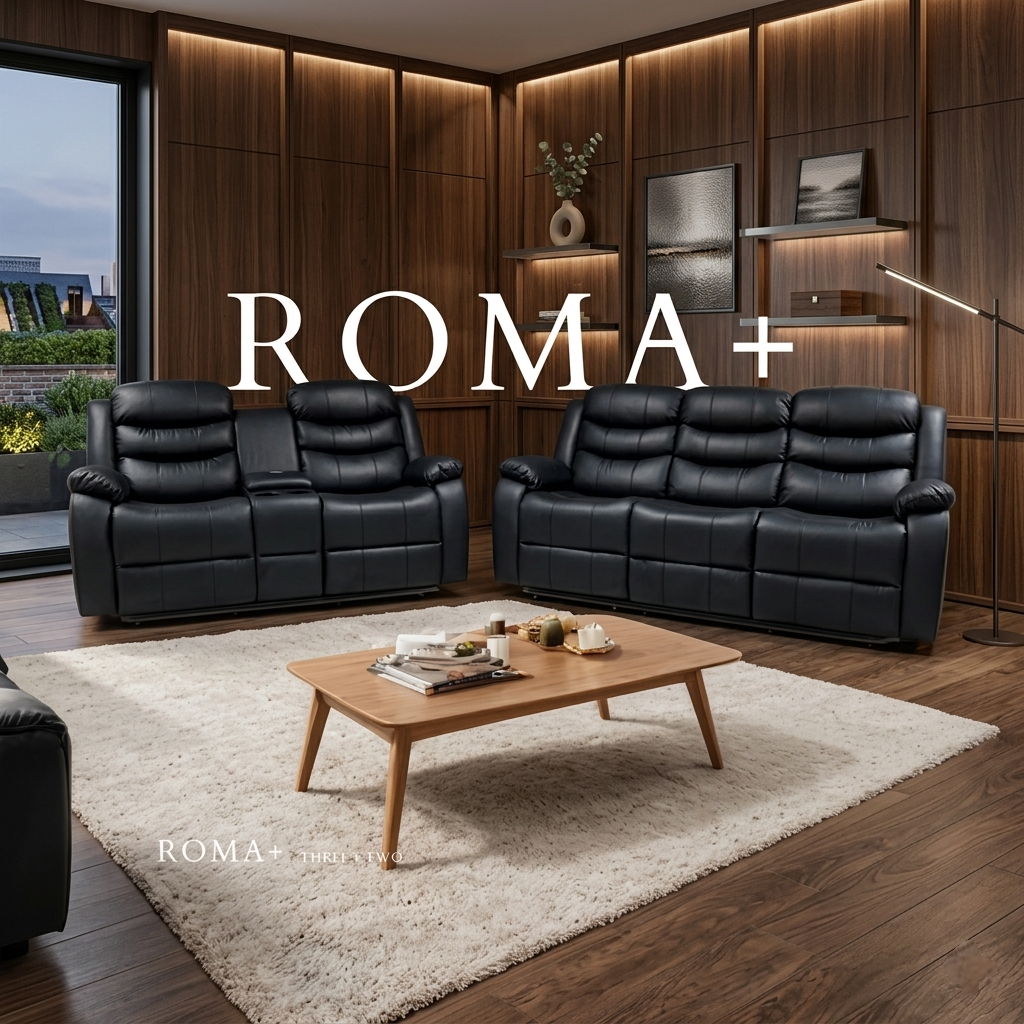 Roma Plus Manual Leather & Grey Fabric Recliner Sofa