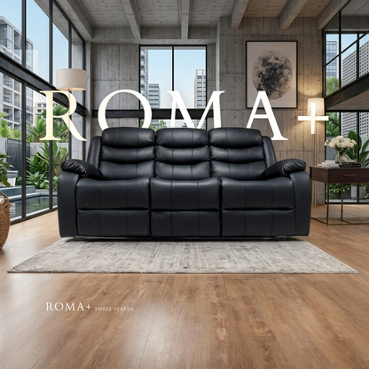 Roma Plus Manual Leather & Grey Fabric Recliner Sofa