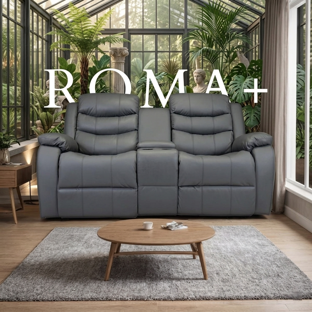 Roma Plus Manual Leather & Grey Fabric Recliner Sofa