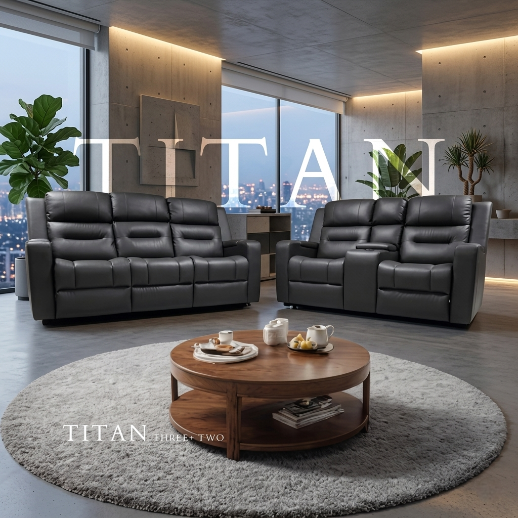 Titan Dark Grey Leather & Grey Fabric Manual Recliner Sofa