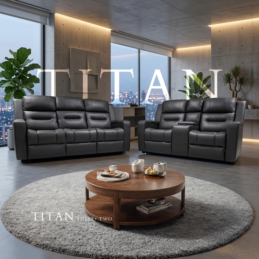 Titan Dark Grey Leather & Grey Fabric Manual Recliner Sofa