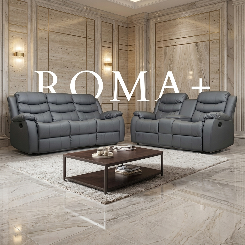 Roma Plus Manual Leather & Grey Fabric Recliner Sofa