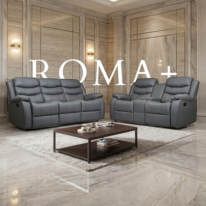 Roma Plus Manual Leather & Grey Fabric Recliner Sofa