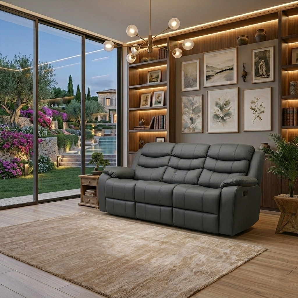 Roma Manual Air Leather & Grey Fabric Recliner Sofa