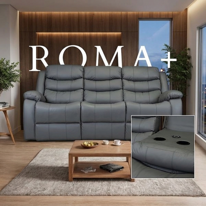 Roma Plus Manual Leather & Grey Fabric Recliner Sofa