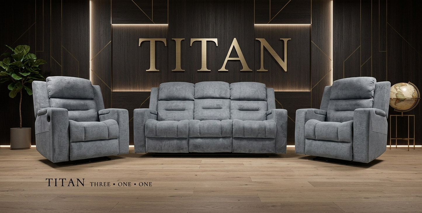 Titan Dark Grey Leather & Grey Fabric Manual Recliner Sofa