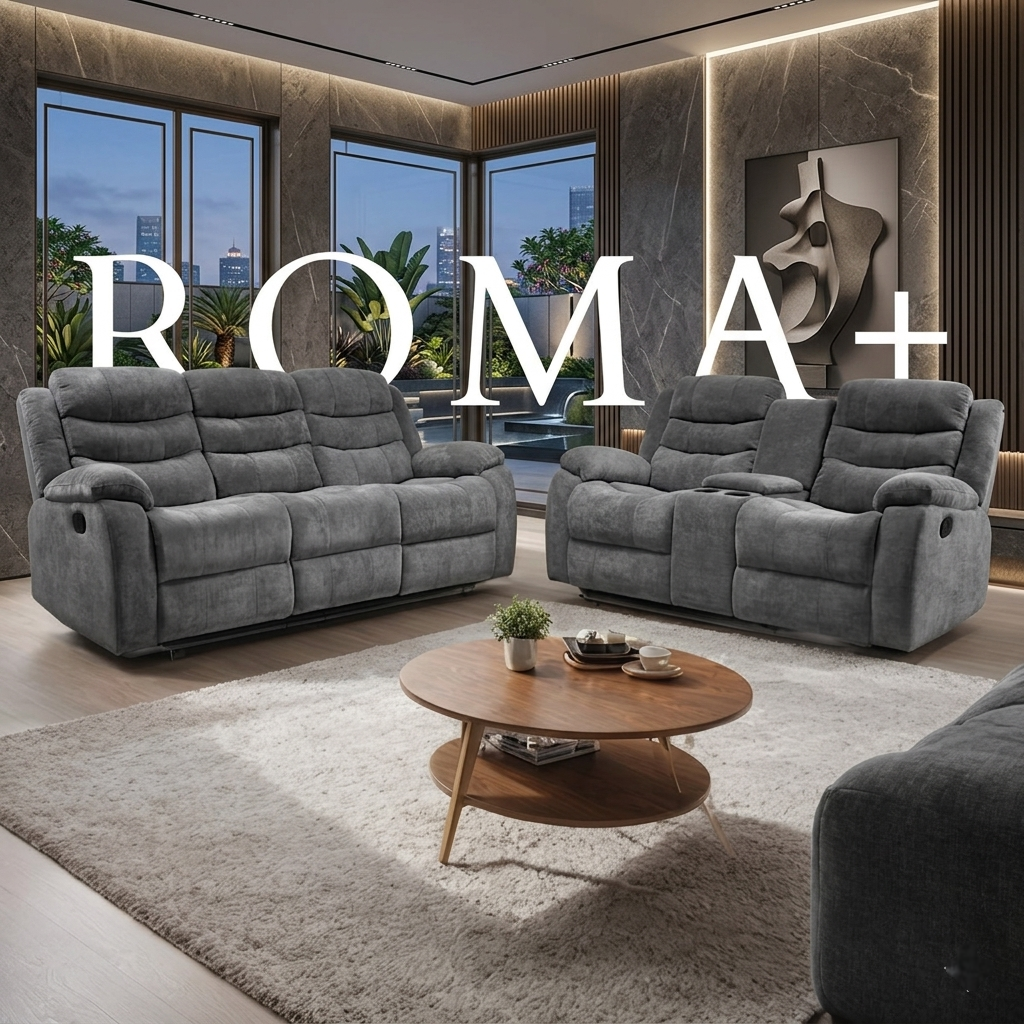 Roma Plus Manual Leather & Grey Fabric Recliner Sofa
