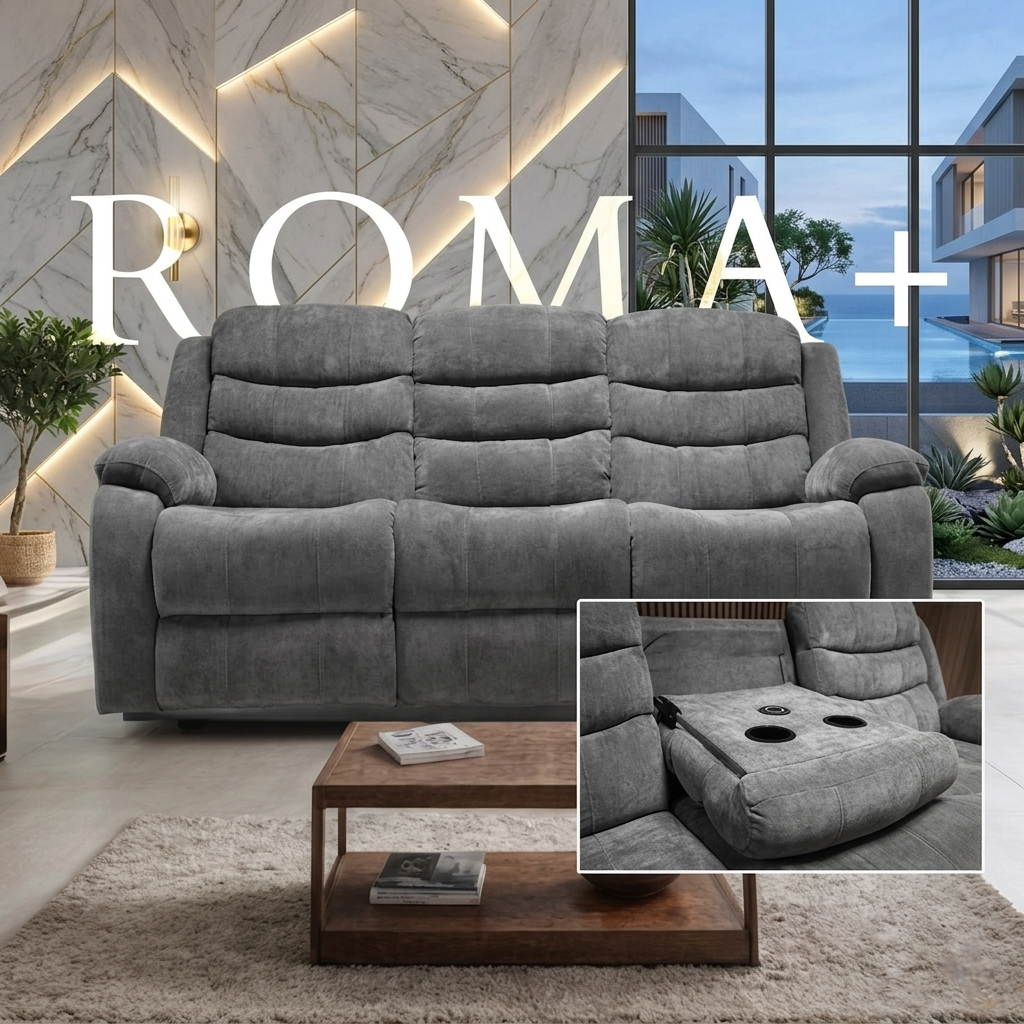 Roma Plus Manual Leather & Grey Fabric Recliner Sofa