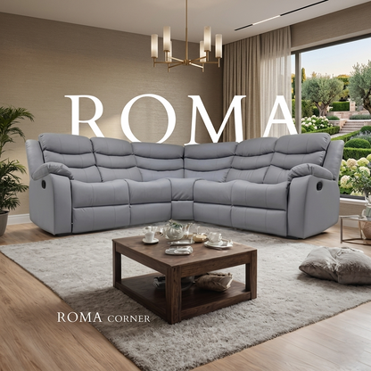 Roma Manual Air Leather & Grey Fabric Recliner Sofa