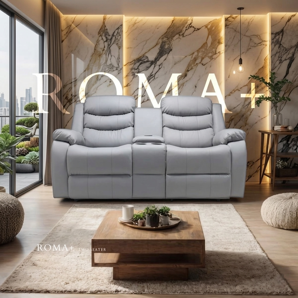 Roma Plus Manual Leather & Grey Fabric Recliner Sofa