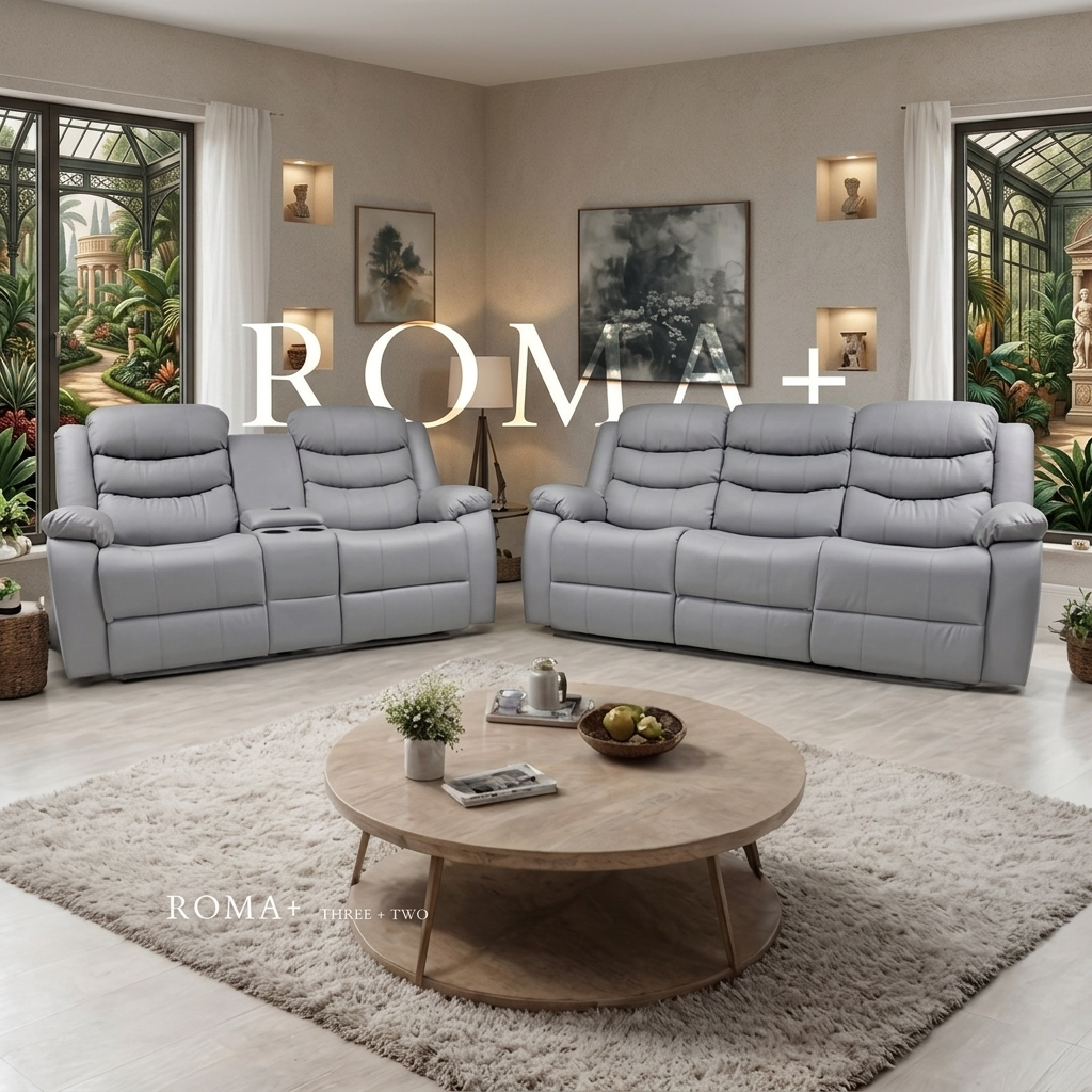 Roma Plus Manual Leather & Grey Fabric Recliner Sofa