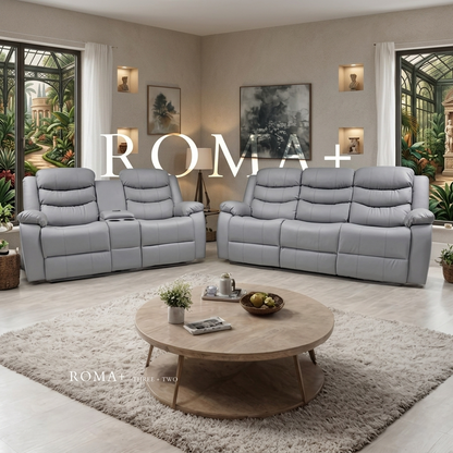 Roma Plus Manual Leather & Grey Fabric Recliner Sofa