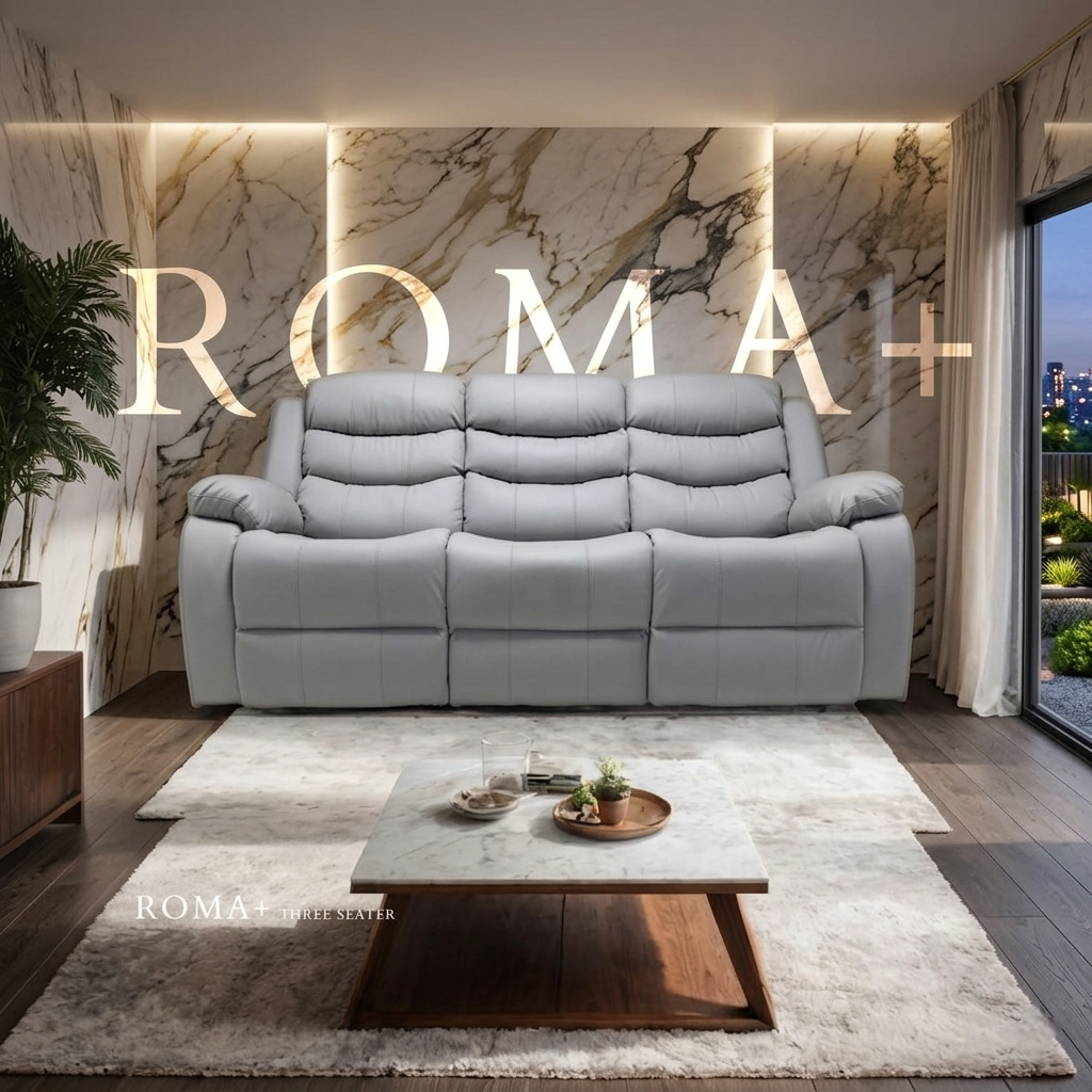 Roma Plus Manual Leather & Grey Fabric Recliner Sofa