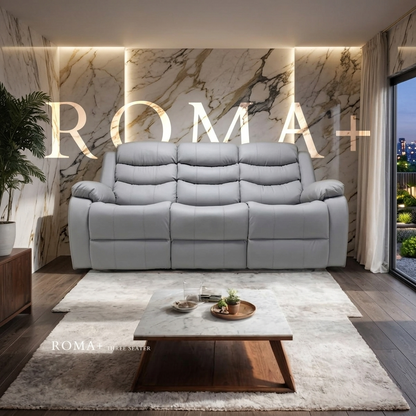 Roma Plus Manual Leather & Grey Fabric Recliner Sofa