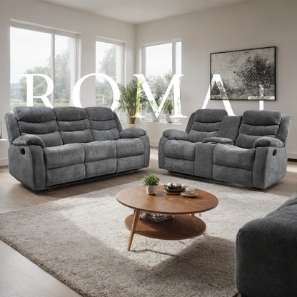 Roma Plus Manual Leather & Grey Fabric Recliner Sofa